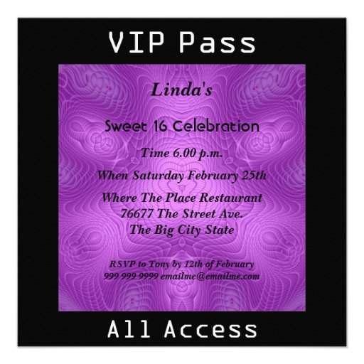 Sweet 16 Birthday Party VIP pass Purple 2 Custom Announcements