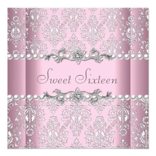 Sweet 16 Birthday Pink Silver White Pearl Lace Personalized Invite