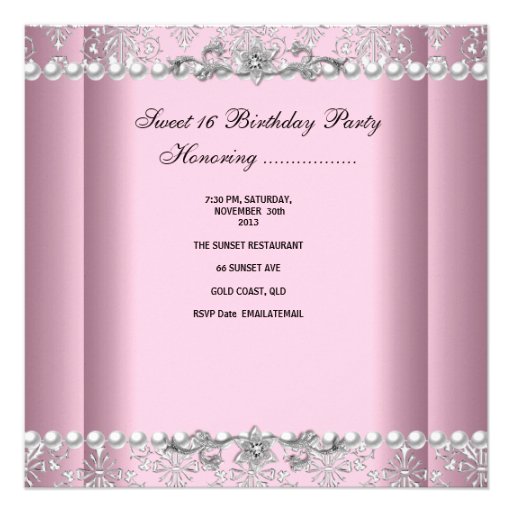 Sweet 16 Birthday Pink Silver White Pearl Lace Personalized Invite