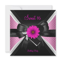 Sweet 16 Birthday Polka Dot  Black White Pink 2 Custom Announcements