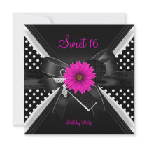 Sweet 16 Birthday Polka Dot  Black White Pink Invitation
