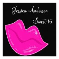 Sweet 16 Birthday Pretty Pink Lips on Black 2 Invitations