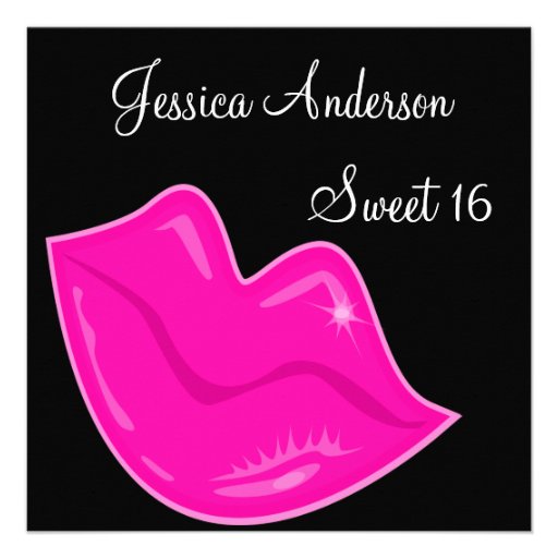 Sweet 16 Birthday Pretty Pink Lips on Black 2 Invitations