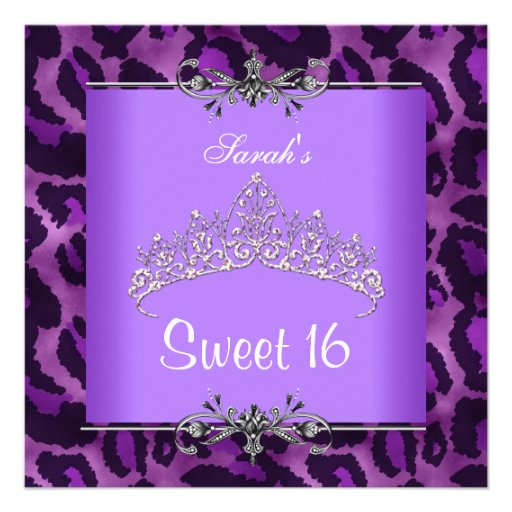 Sweet 16 Birthday Purple Leopard Silver Tiara Invitations