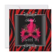 Sweet 16 Birthday Red Zebra Black Mask invitation