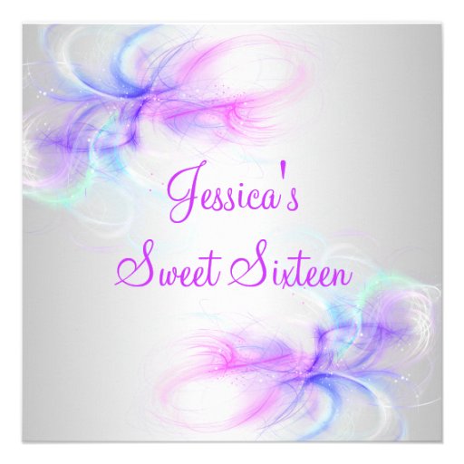 Sweet 16 Birthday Silver & Pink Purple Blue Swirls Custom Invite