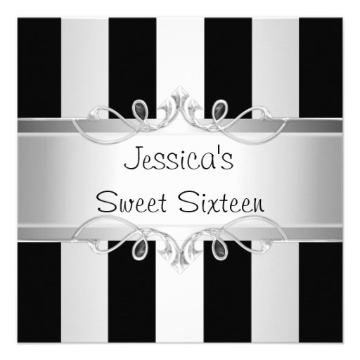 Sweet 16 Black & Silver Stripe Jewel Party Personalized Invite
