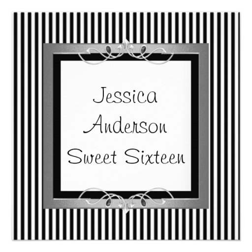 Sweet 16 Black & White Stripe Jewel Frame Party Announcement