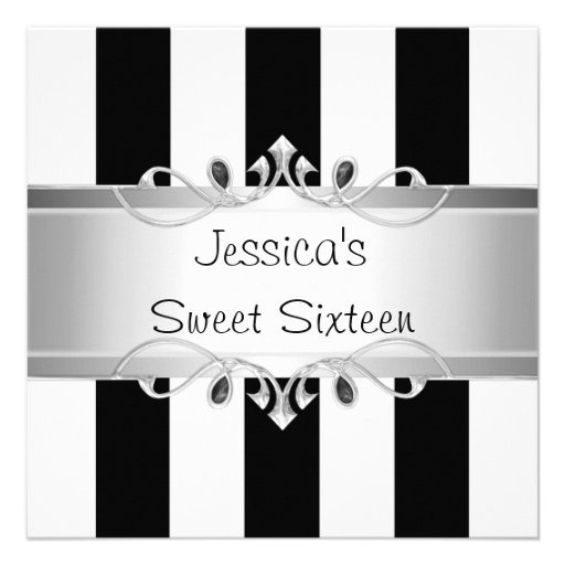 Sweet 16 Black & White Stripes Silver Jewel Party Personalized Invitations