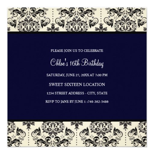 Sweet 16 | Blue & Black Damask Invitation