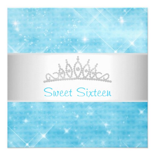 Sweet 16 Blue Glitter Silver Jewel Tiara Party 16 Personalized Invite