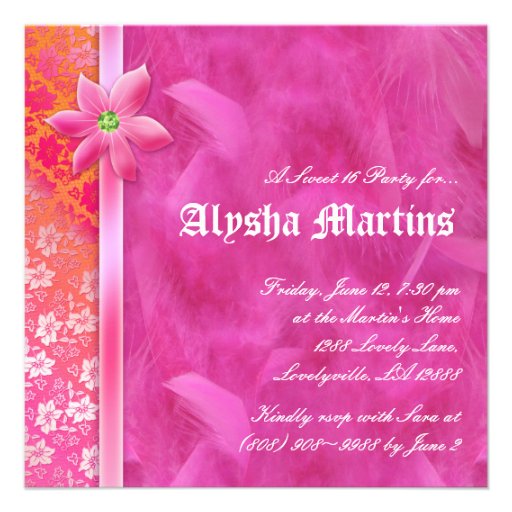 Sweet 16 Feather Boa Lace Floral Pink Custom Invite