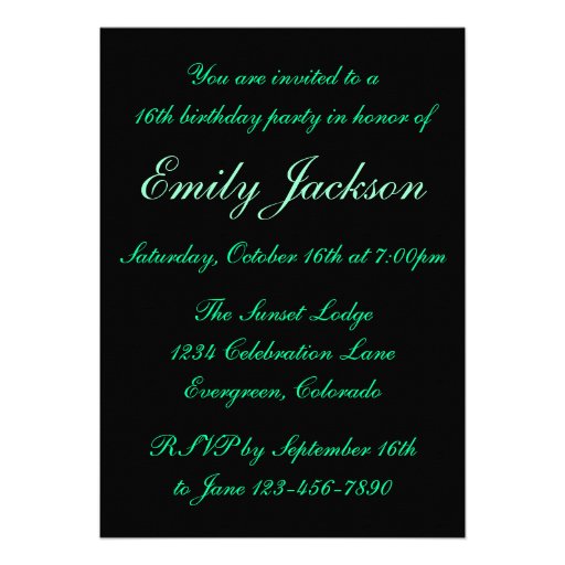 Sweet 16 green black zebra stripe birthday invites