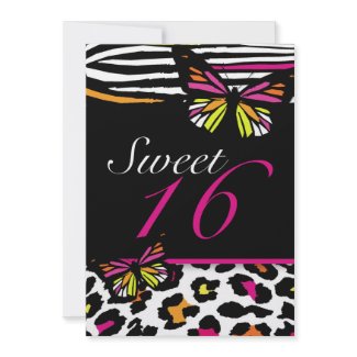 Sweet 16 Invitation Bright Butterfly & Zebra Print invitation