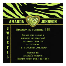Sweet 16 Lime Black Zebra Lime and Gold Heart Personalized Invite
