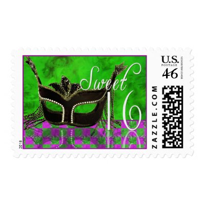 Sweet 16 mardi gras design with mask and feathers postage by perfectpostage