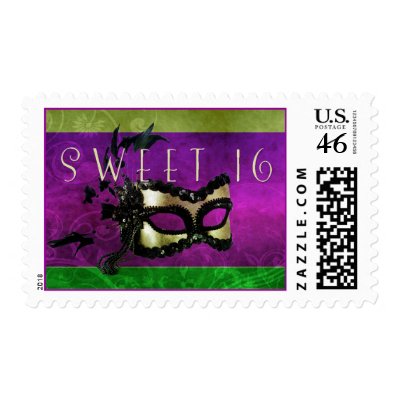 Sweet 16 mardi gras design with purple and green postage stamp by 