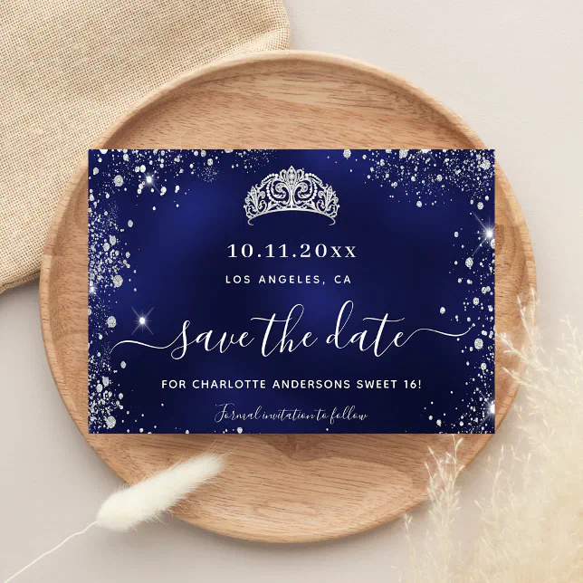 Sweet 16 Navy Blue Silver Tiara Save The Date Announcement Postcard