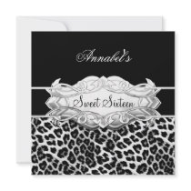 Sweet 16 Party Elegant Black White Leopard Custom Announcement