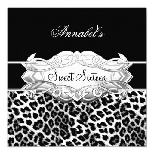 Sweet 16 Party Elegant Black White Leopard Custom Announcement