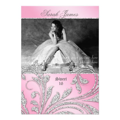 Sweet 16 Party Invite Glitter Leaves Pink