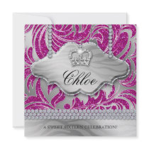 Sweet 16 Party Invite Pink Crown Jewelry Leaves