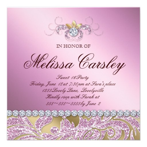Sweet 16 Party Invite Pink Gold Jewelry Leaf Swirl