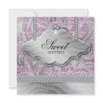 Sweet 16 Party Invite Pink Silver Jewelry Leaves