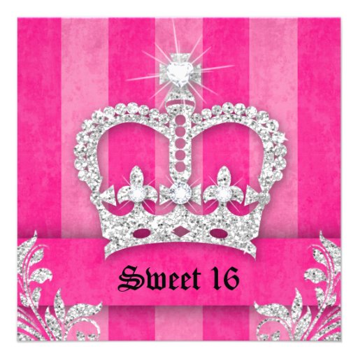 Sweet 16 Party Invite Pink Stripes Crown Tiara