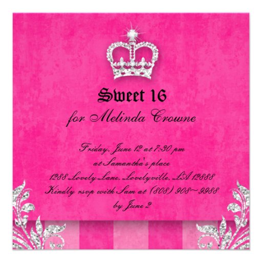 Sweet 16 Party Invite Pink Stripes Crown Tiara