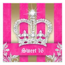 Sweet 16 Party Invite Pink Stripes Crown Tiara Gol