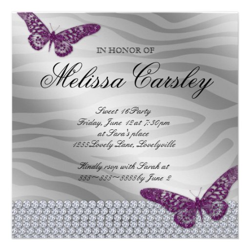 Sweet 16 Party Invite Purple Jewelry Butterfly