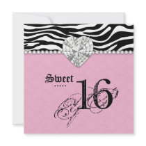 Sweet 16 Party Zebra Lace Heart Diamond Pink Invite