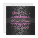 Sweet 16 Pink & Black Rose Swirl Birthday Invite