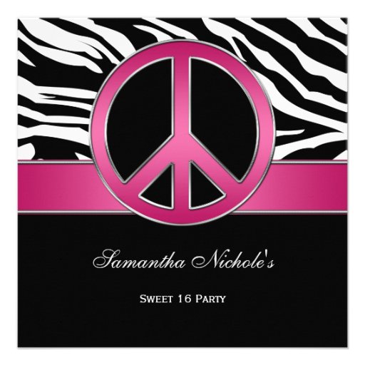 Sweet 16 Pink Peace Sign Black Zebra Custom Announcements