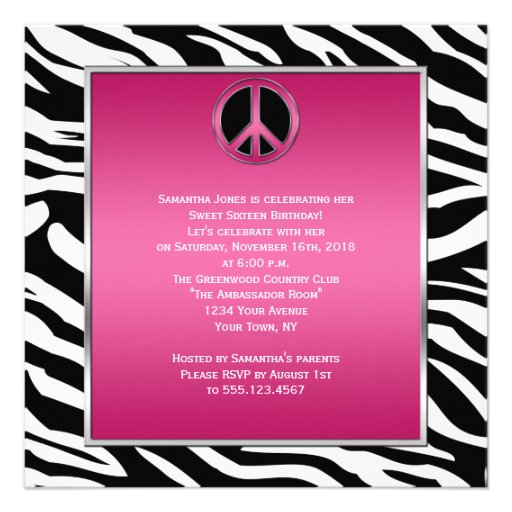 Sweet 16 Pink Peace Sign Black Zebra Custom Announcements