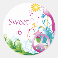 Sweet 16 Pink Peace Sign Tropical Floral Birthday Stickers