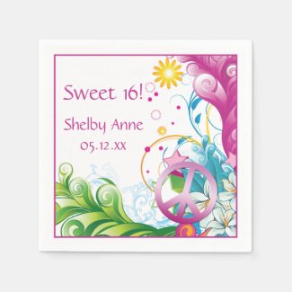 Sweet 16 Pink Peace Sign Tropical Paper Napkins