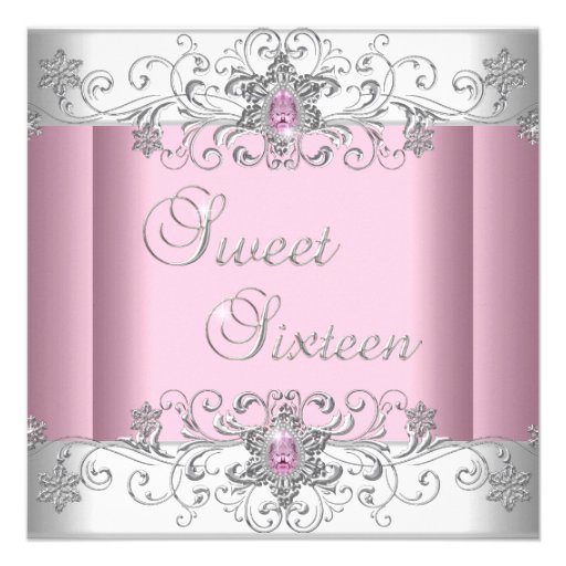 Sweet 16 Pink Silver White Diamond Image Party Invites (front side)