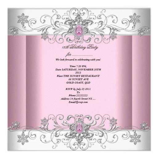 Sweet 16 Pink Silver White Diamond Image Party Invites