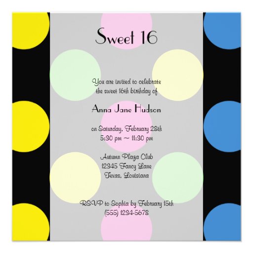 Sweet 16 Polka Dots Pink Green Yellow Blue Invites