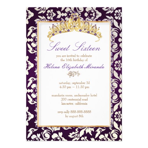 Sweet 16/ princess/pearl damask/plum announcements