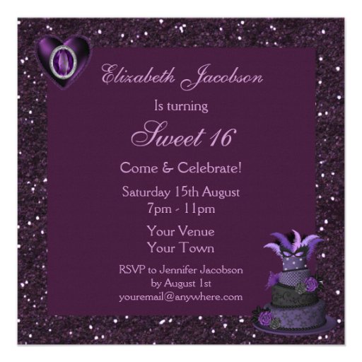 Sweet 16 Purple Diva Cake & Jewel Heart Invites