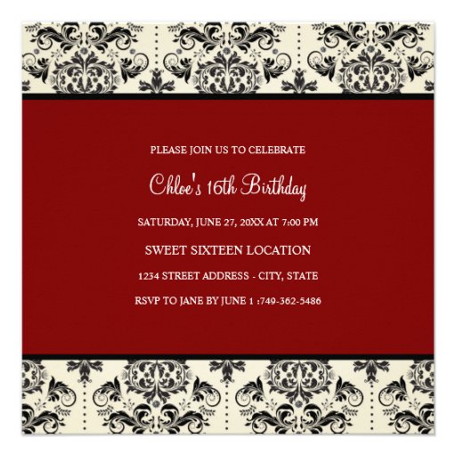 Sweet 16 | Red & Black Damask Invitation