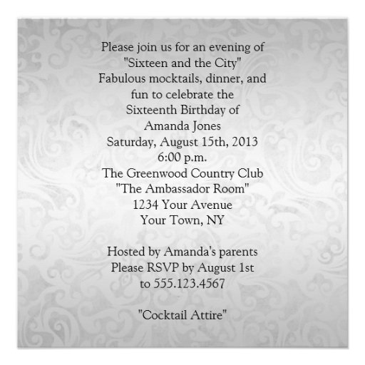 Sweet 16 Silver Damask Purple Ribbon Diamonds Invitations