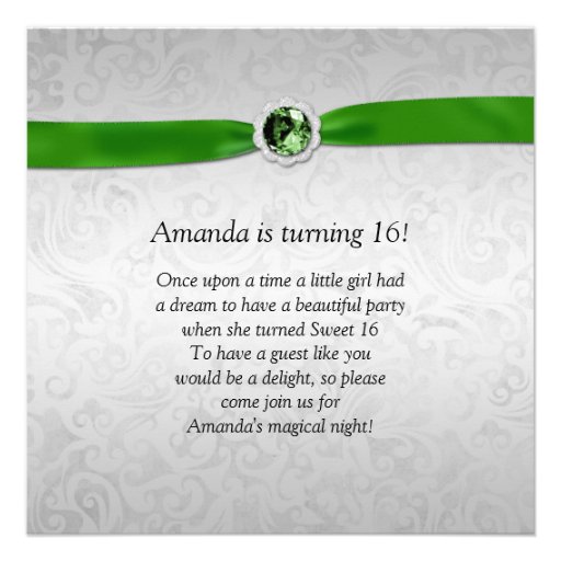 Sweet 16 Silver Emerald Green Ribbon Gemstone Personalized Invitations