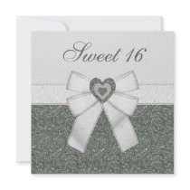 Sweet 16 Silver Glitter & Diamond Hearts Invites