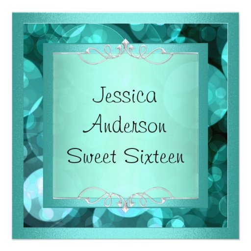 Sweet 16 Silver Teal Bubbles Metal Frame Party Custom Invites