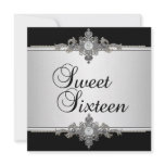 Sweet 16 Silver White Metal Black Diamond Jewel Personalized Invitation