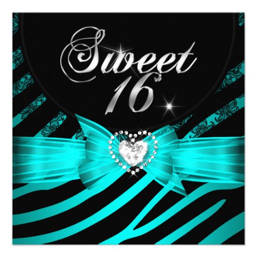 Sweet 16 Sixteen Aqua Blue Black Zebra Custom Invite